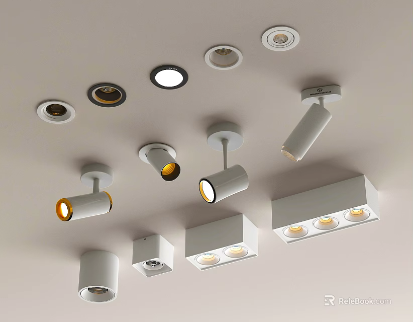 Different Types of Ceiling Lighting Fixtures Including Recessed Spotlights Track Lights and Downlights 3d model 