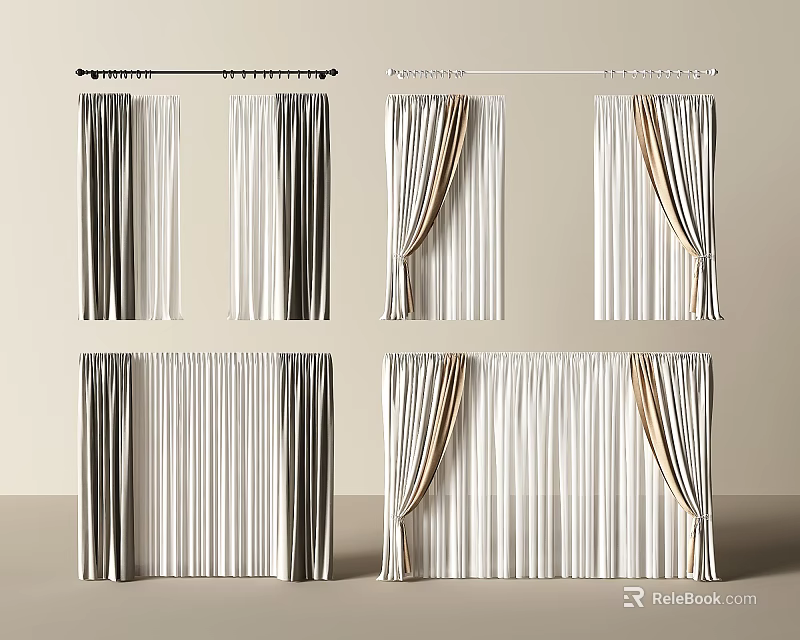 Stylish Striped Curtains With Various Hanging Styles And Color Combinations For Home Decor 3d model 