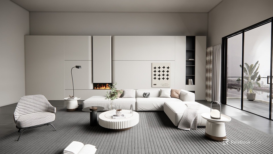 Modern Living Room Interior With White Sofa Fireplace And Circular Coffee Table 3d model 