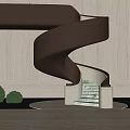 Modern Spiral Staircase Design With Bronze Railing Marble Steps Green Plants And Wall Lamps