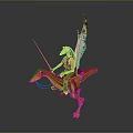 Winged Fantasy Character Riding Yellow Red Dinosaur Mount With Spear And Wings