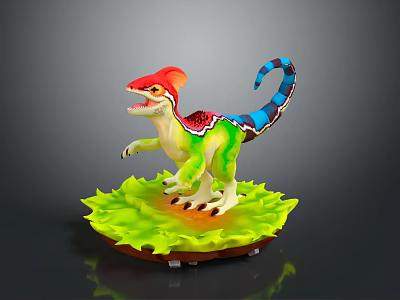 Colorful Dinosaur Figure with Red Crest Green Body Blue Striped Tail on Green Leaf Base 3d model