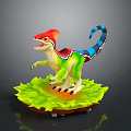 Colorful Dinosaur Figure with Red Crest Green Body Blue Striped Tail on Green Leaf Base