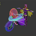 Masked Figure In Purple And Yellow Costume Standing By Vibrant Purple Motorcycle With Cape