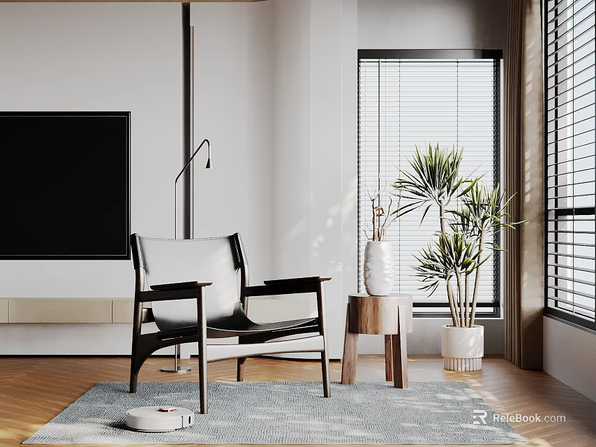 Modern Living Room Interior With Decorative Ornament Set Armchair Side Table Vase And Potted Plant 3d model 