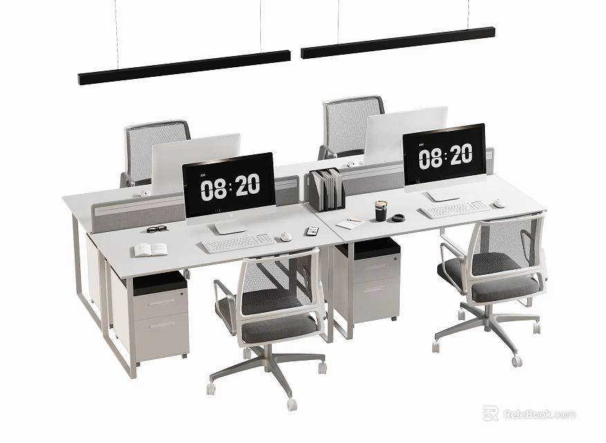 Contemporary Office Desk Setup Featuring Computer Monitors Digital Clock Chairs And Hanging Lights 3d model