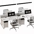 Contemporary Office Desk Setup Featuring Computer Monitors Digital Clock Chairs And Hanging Lights 3d model