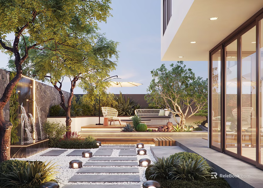 Garden Wall With Waterfall Feature In Outdoor Patio Stone Pathway Lush Trees Greenery 3d model 