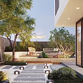 Garden Wall With Waterfall Feature In Outdoor Patio Stone Pathway Lush Trees Greenery