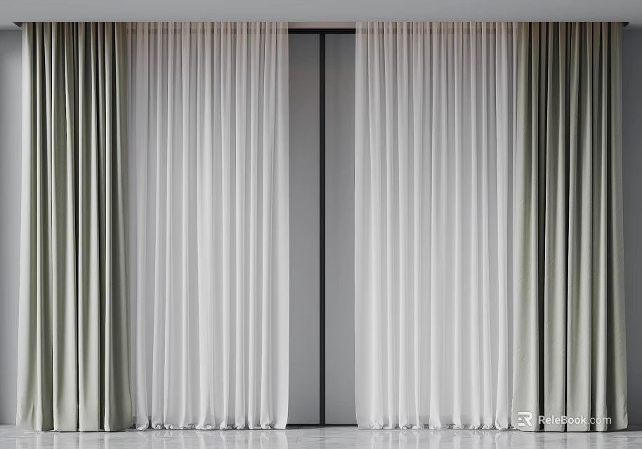 Double Layer Sheer And Light Gray Curtains For Modern Window Decor 3d model 