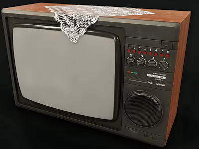 Vintage Television With Wooden Frame Lace Doily On Top And Front Panel Knobs Buttons 3d model