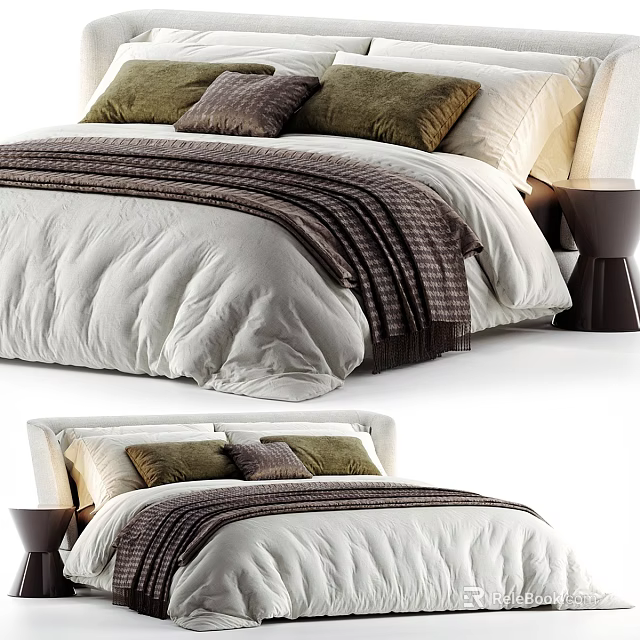 Modern Soft Upholstered Single Bed With Cozy Bedding Decorative Pillows And Matching Bedside Table 3d model 