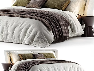 Modern Soft Upholstered Single Bed With Cozy Bedding Decorative Pillows And Matching Bedside Table 3d model