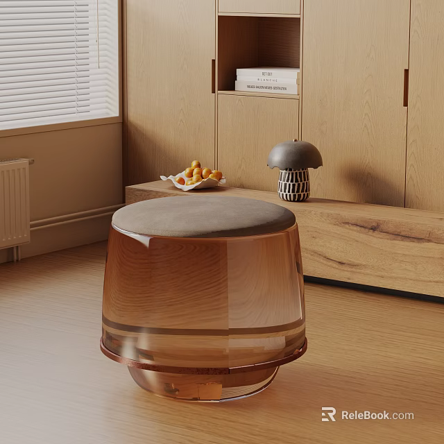 Round Top Transparent Brown Side Table With Fruit Tray And Mushroom Lamp Near Wooden Cabinet 3d model 