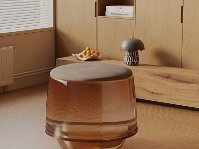 Round Top Transparent Brown Side Table With Fruit Tray And Mushroom Lamp Near Wooden Cabinet 3d model