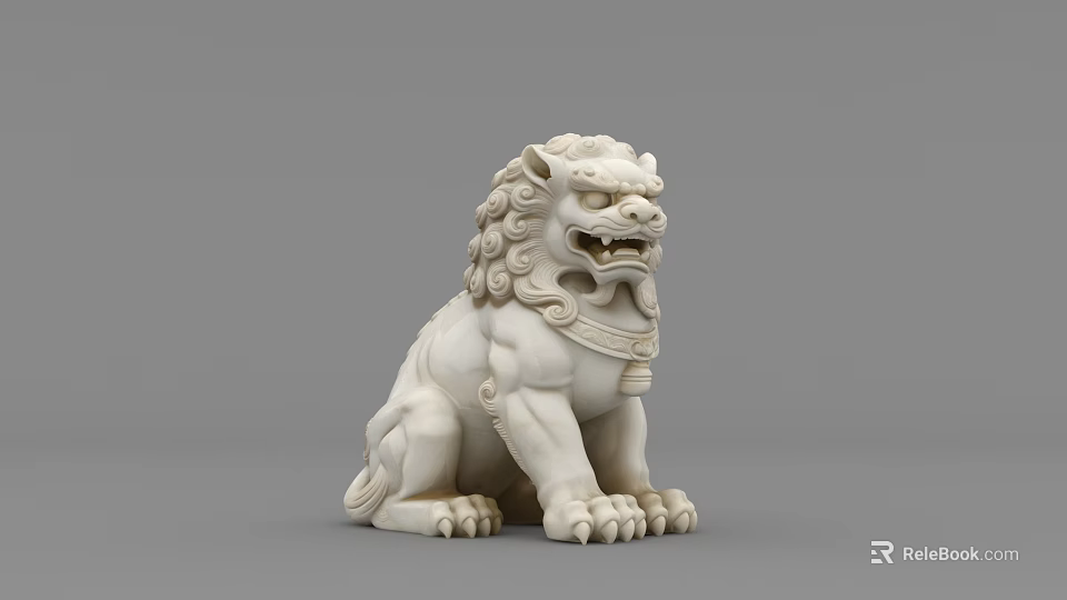 Stone Lion Sculpture Carving with Intricate Details in Sitting Posture and Traditional Mythical Guardian Design 3d model 
