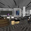 Basement Living Space With Modern Sofa Coffee Table Herringbone Rug And Decorative Paintings