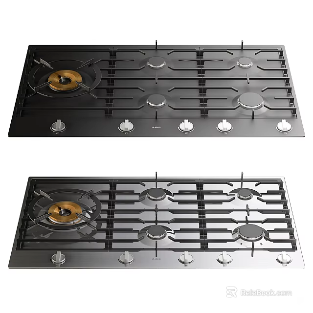 Modern Black And Silver Gas Cooktops With Multiple Burners And Control Knobs 3d model 