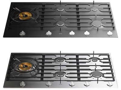 Modern Black And Silver Gas Cooktops With Multiple Burners And Control Knobs 3d model
