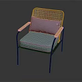 Modern Wicker Back Chair With Light Blue Cushion Wooden Armrests And Black Metal Frame