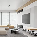 Modern Living Room Interior With Beige Sofa Large Windows And TV Unit