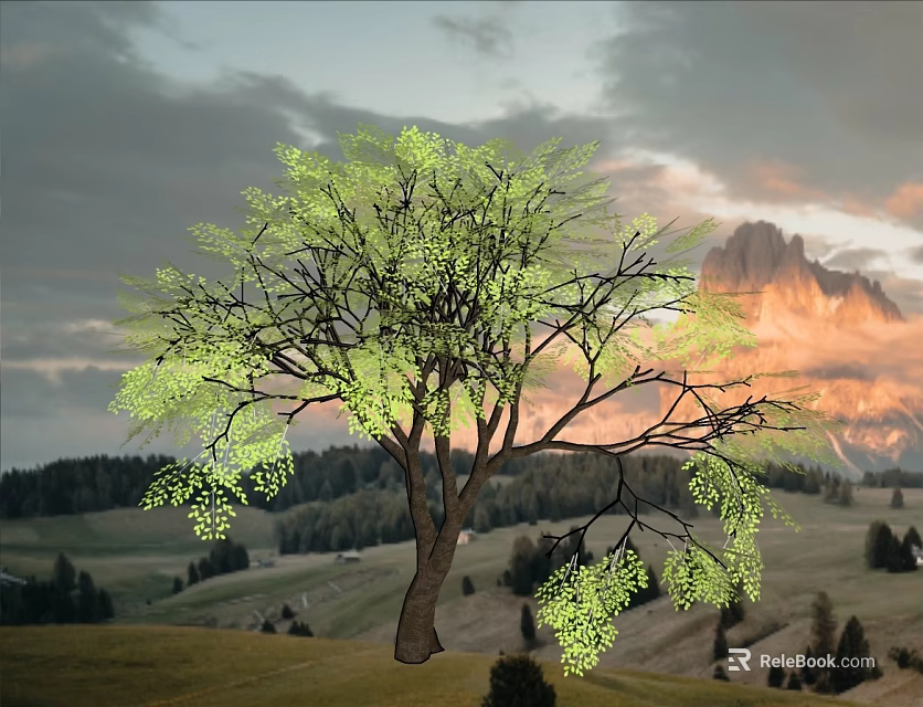 Scenic Garden Landscape Featuring Large Tree With Green Leaves Sunset Sky And Distant Mountains 3d model 