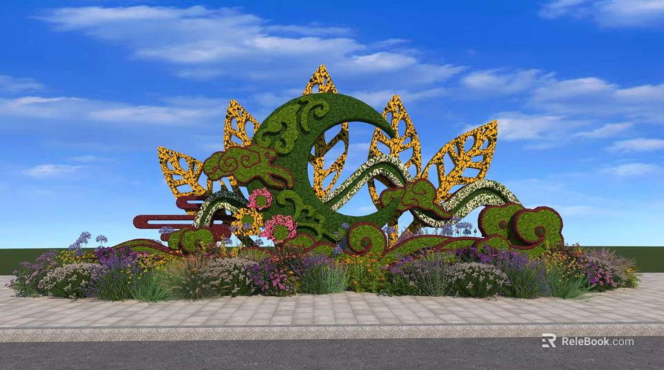 Roadside Green Sculpture Facility Featuring Spiral Leaf Shapes Yellow Decorations Purple Pink Flowers Brick Pavement 3d model 