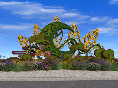 Roadside Green Sculpture Facility Featuring Spiral Leaf Shapes Yellow Decorations Purple Pink Flowers Brick Pavement 3d model