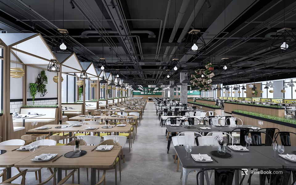 Modern Restaurant Interior Design With Open Layout Wooden Tables Chairs Hanging Lights And Green Plants 3d model 