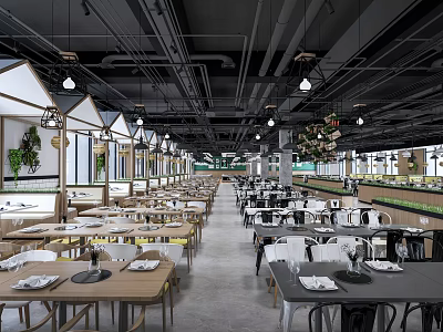 Modern Restaurant Interior Design With Open Layout Wooden Tables Chairs Hanging Lights And Green Plants 3d model