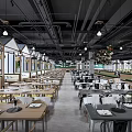 Modern Restaurant Interior Design With Open Layout Wooden Tables Chairs Hanging Lights And Green Plants