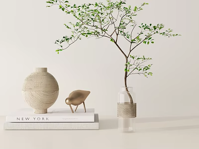 Decorative Ornament Set With Woven Vase Gold Bird Figurine Glass Vase Small Tree And Books 3d model