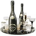 Elegant Wine Bottles And Glasses Arrangement With Various Glass Designs And Marble Surface