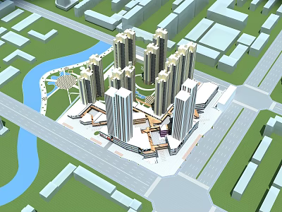 Modern High Rise Residential Complex With River Green Spaces And Road Access 3d model