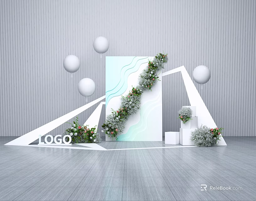 Modern Logo Display With Geometric Structures Green Plants And White Spheres 3d model
