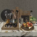 Organized Kitchen Utensils On Marble Countertop With Wooden Background Spice Bottles And Fresh Apples