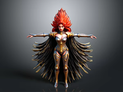 Mythical Woman With Red Flame Hair In Gold Black Armor And Feather Wings Arms Outstretched 3d model