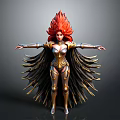 Mythical Woman With Red Flame Hair In Gold Black Armor And Feather Wings Arms Outstretched