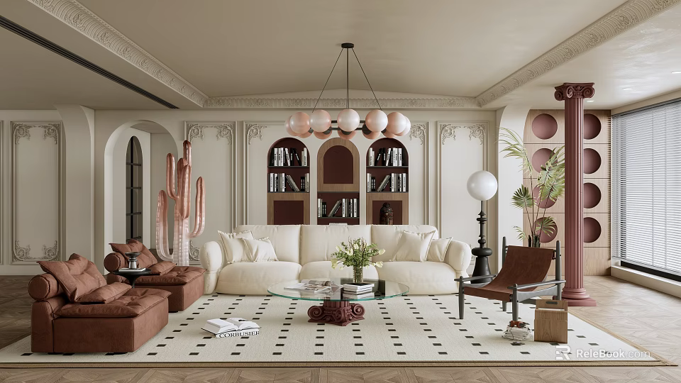 Elegant Living Room Interior With Beige Sofa Glass Coffee Table Chandelier Bookshelves and Plants 3d model 