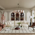 Elegant Living Room Interior With Beige Sofa Glass Coffee Table Chandelier Bookshelves and Plants