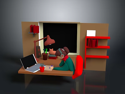 Working Person And Potted Plant At Desk With Laptop Lamp And Red Bookshelf 3d model