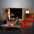Working Person And Potted Plant At Desk With Laptop Lamp And Red Bookshelf