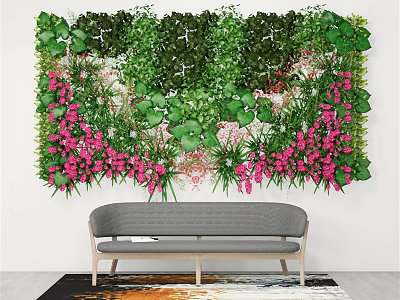 Lush Indoor Living Plant Wall With Green Foliage And Pink Flowers Above Sofa 3d model