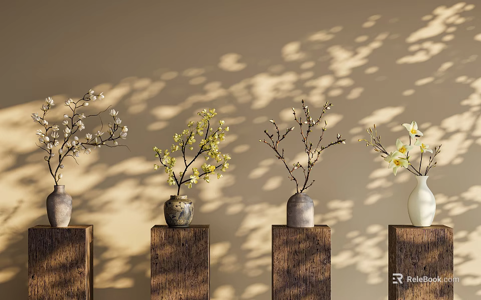 Beautiful Flower Arrangements In Ceramic Vases On Wooden Pedestals With Sunlight Shadows On Beige Wall 3d model 