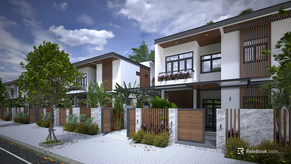 Modern Townhouse Exterior Design With Green Plants Wooden Fences And Driveway 3d model 