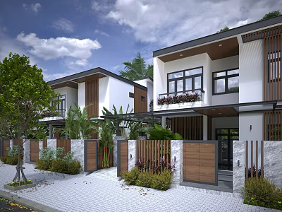 Modern Townhouse Exterior Design With Green Plants Wooden Fences And Driveway 3d model