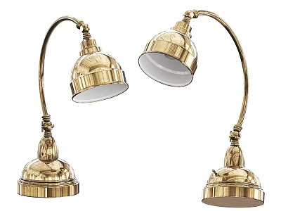 Vintage Golden Brass Table Lamps With Curved Arms And Dome Shaped Shades 3d model