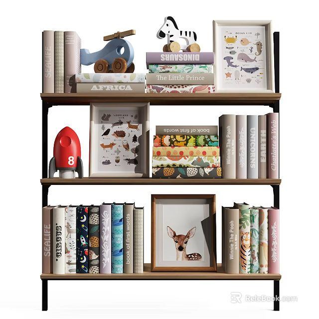Books and Magazines on Decorative Bookshelf with Rocket Model Toy Car and Deer Photo Frame 3d model 