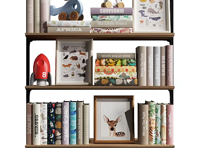 Books and Magazines on Decorative Bookshelf with Rocket Model Toy Car and Deer Photo Frame 3d model