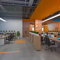 Modern Public Office Space With Orange Walls Blue Ceiling Multiple Workstations And Green Plants Computers 3d model